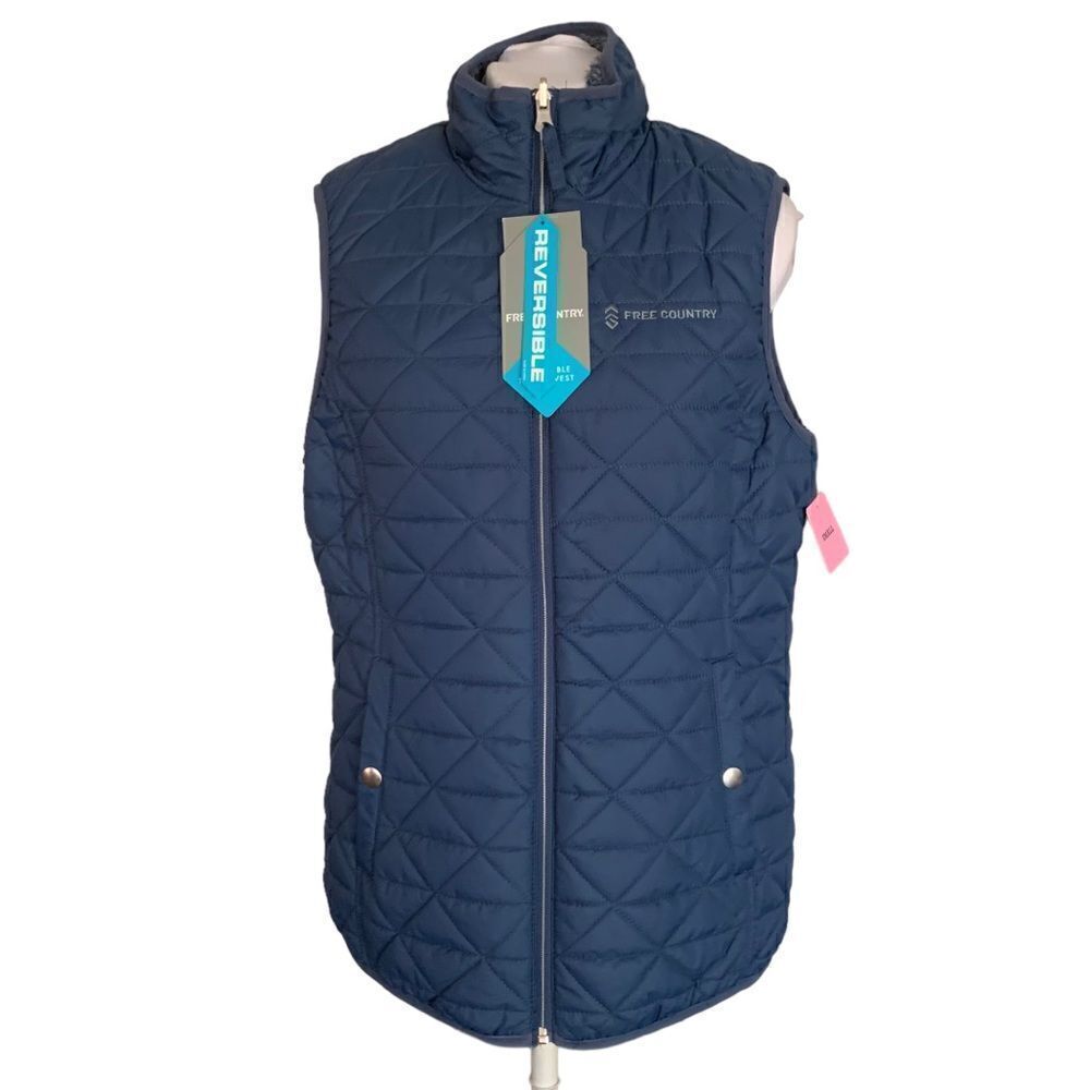 Free Country Navy Quilted & Faux Fur Reversible Vest Sz S